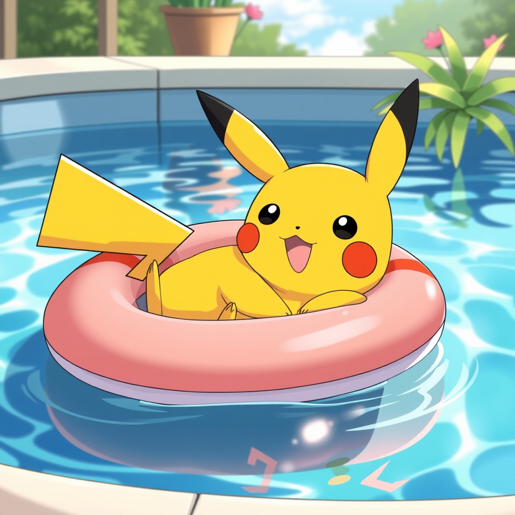 Pokemon anime style, Pikachu swimming in a home pool lounging on an inflatable float.