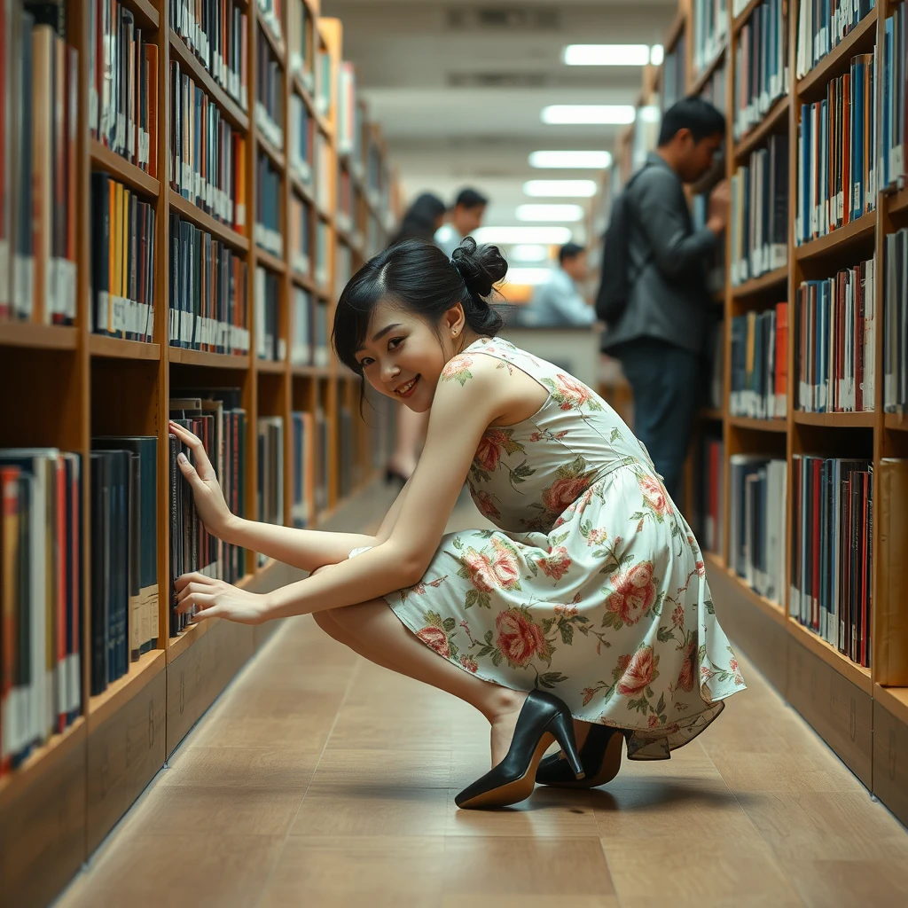 In the library, there is a young Japanese woman wearing a floral dress and black high heels (with white skin) who is crawling on the floor, reaching her head into the bookshelf to look for books. There are many people in the library.