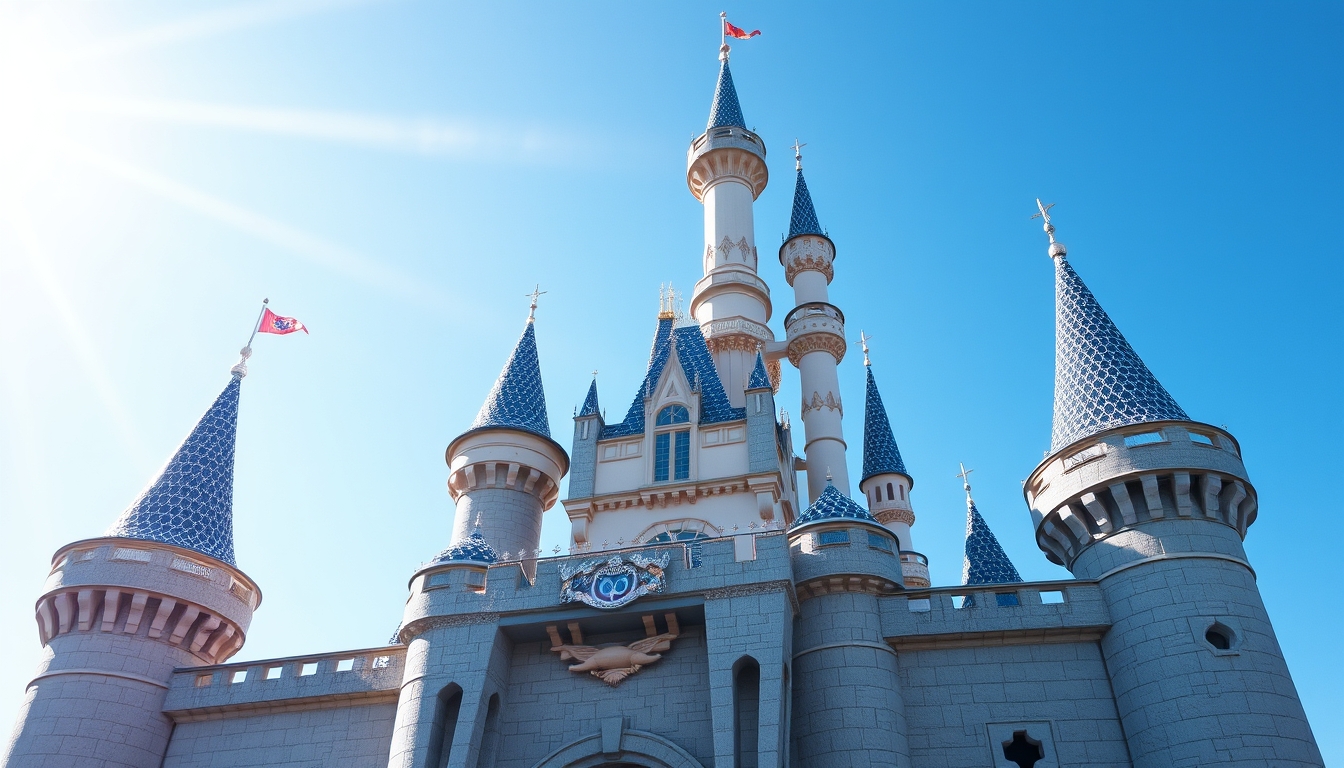 A whimsical fairy tale castle with glass turrets sparkling in the sunlight. - Image