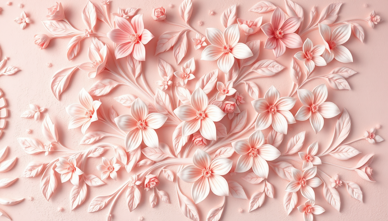 3D wallpaper with beautiful floral relief in pastel colors. The relief depicts a complex pattern of flowers and leaves with delicate shades of pink, lavender, and peach. The flowers seem to come to life, growing out of the wall. The background is made in soft gradient pastel tones, with a subtle texture that gives the design depth and volume. These 3D wallpapers are perfect for creating a serene and soothing atmosphere in any room.