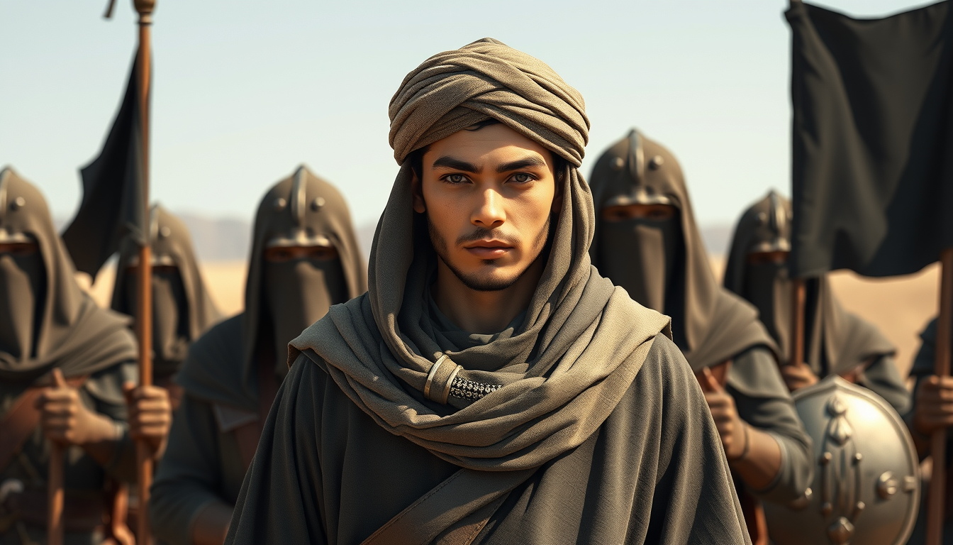 Digital vector of a young Muslim commander wearing modest biblical cloak-turban attire standing behind great Muslim warriors with a leader's expression. The medieval Muslim warriors are covered in veils, holding black banners, and guarding him in open land, with ambient occlusion, flat minimal textures, raw filter, skin retouched, dodge burn effect, and highlighting shader.