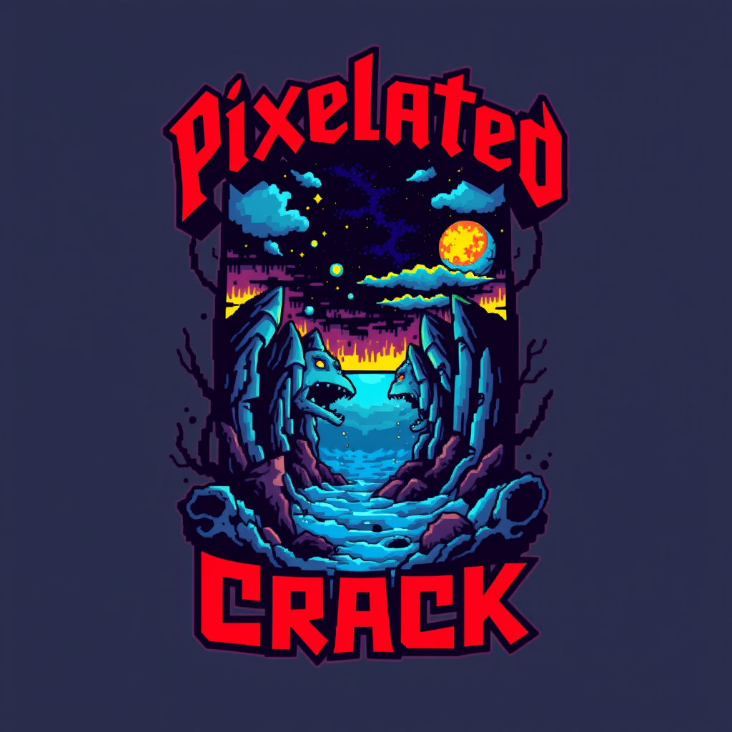 T-shirt design featuring a blocky, colorful 8-bit style of death metal combined with chiptune. The visual should be unique and striking, yet macabre while blending beauty, and the band name is "Pixelated Crack," with a scene inspired by the deep sea.