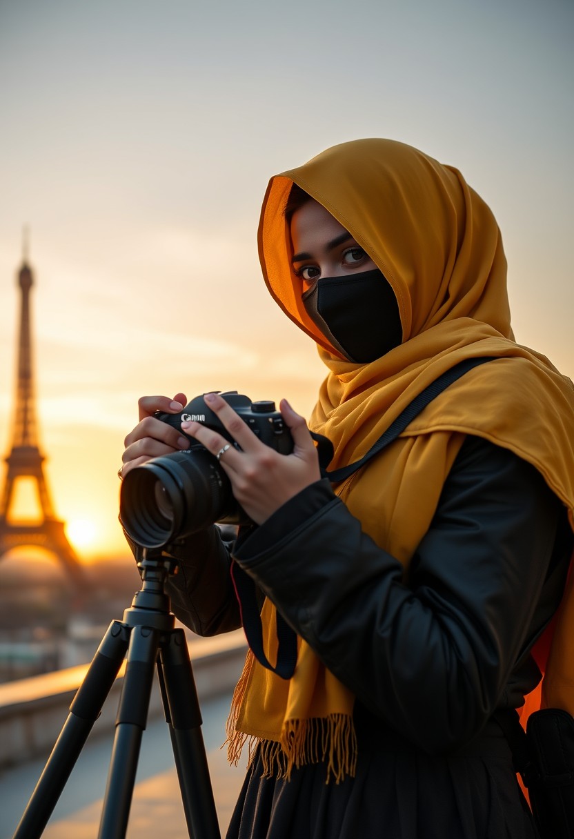 Biggest hijab yellow Muslim girl, beautiful eyes, face mask black, army leather jacket, biggest skirt, camera DSLR Canon, tripod, taking photos of Eiffel Tower, sunrise, morning scenery, hyper realistic, street photography.