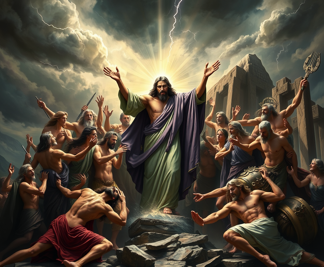 {
  "prompt": "Jesus punishing all the gods of Olympus",
  "style": "Epic and dramatic",
  "color_scheme": "Dark and ominous with flashes of divine light",
  "composition": "Jesus in the center, surrounded by the gods of Olympus in various states of defeat",
  "subjects": "Jesus, Zeus, Hera, Poseidon, Hades, Athena, Apollo, and other Olympian gods",
  "background": "A stormy sky with lightning, a mountainous Olympus backdrop partially in ruins",
  "lighting": "High contrast with divine light emanating from Jesus, casting shadows on the gods",
  "textures": "Thunderclouds, stone and marble of Olympus, flowing robes, and battle scars",
  "mood": "Powerful, vengeful, and dramatic",
  "resolution": "1920x1080"
}