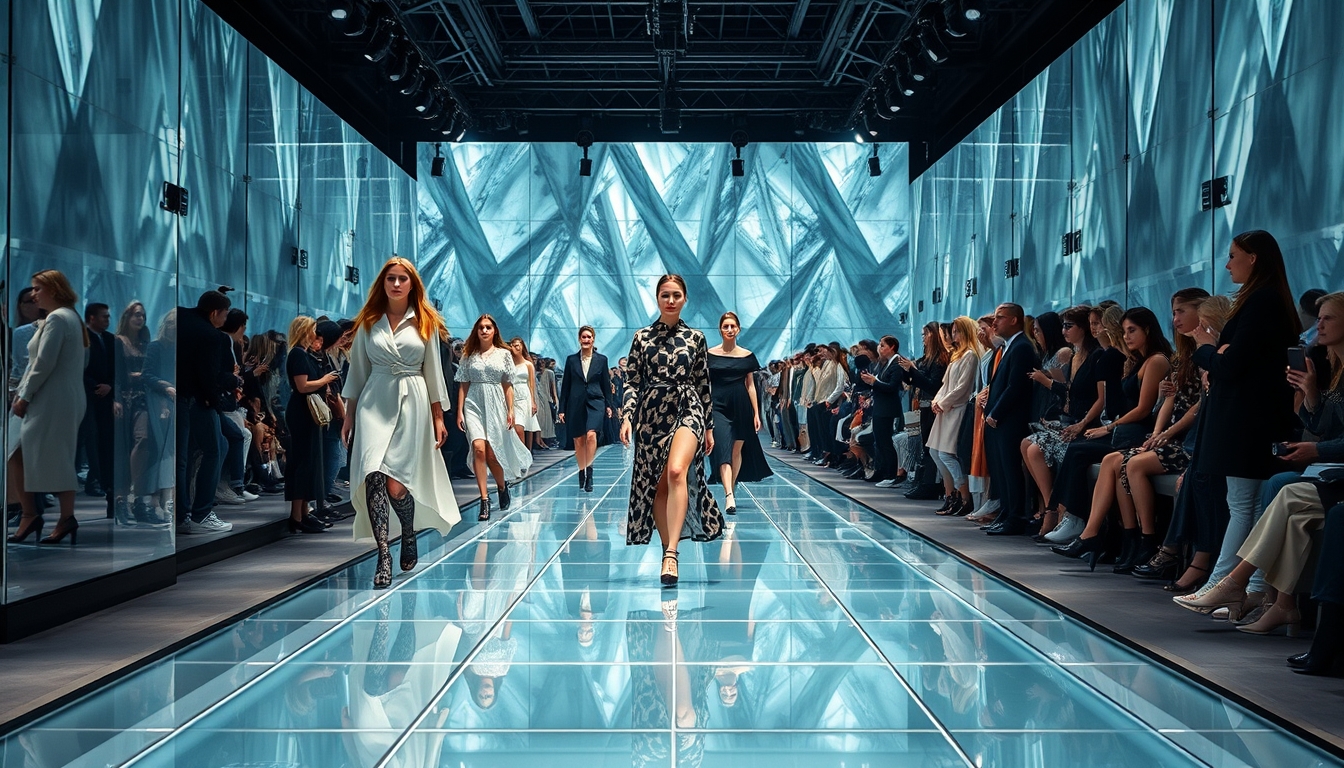 A high-end fashion show with models walking down a glass runway.