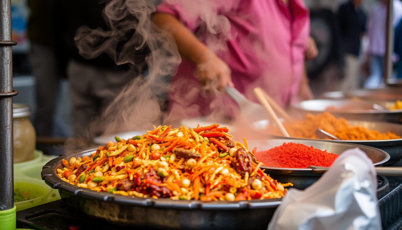 A close-up of a street vendor preparing a colorful and aromatic dish, with steam rising and vibrant spices on display. - Image