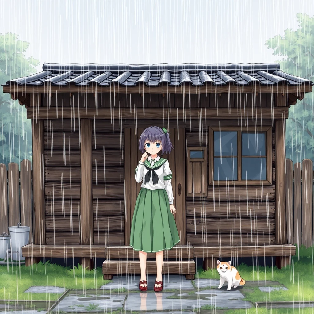 "Rain, a wooden cabin, a female student in a skirt, a cat, Chinese characters or Japanese."