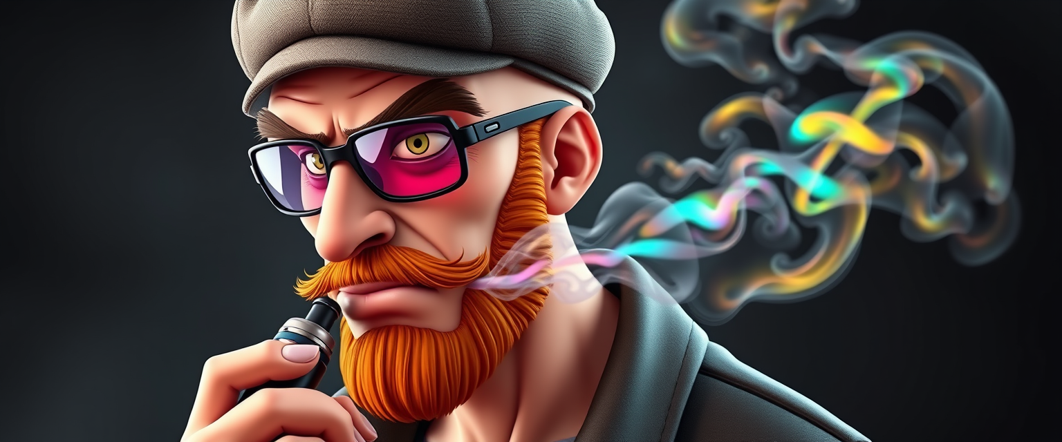 Three-quarter view of a sinister, bald cartoon human male with demonic features. Short ginger beard contrasts with dark eyebrows. Wears a weathered flatcap and reflective aviator glasses. Clutches a sleek vapemod, exhaling dense, swirling vapor clouds. Vibrant, e-liquid drips off his pale skin, creating a colorful aura. 3D rendered. - Image