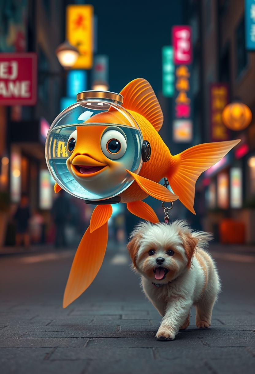 A cute, happy goldfish wearing a fish bowl as a breathing mask (half filled with water) is walking a cute dog on a leash in the streets at night, with colorful city lights. The goldfish is happily laughing, mouth open, with a cute face, walking on fins (no legs), while a fluffy dog in front does a silly walk. Ultra realistic, realism.