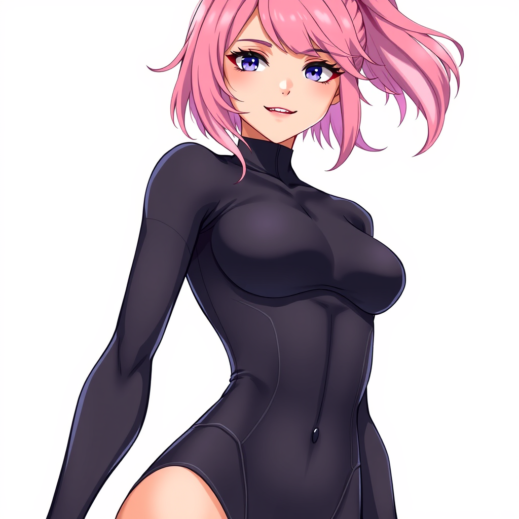 Anime art of a motherly woman, pink hair, tight bodysuit, detailed body, standing, white background, stunning details, trending on ArtStation, anime artwork, anime cel shading.