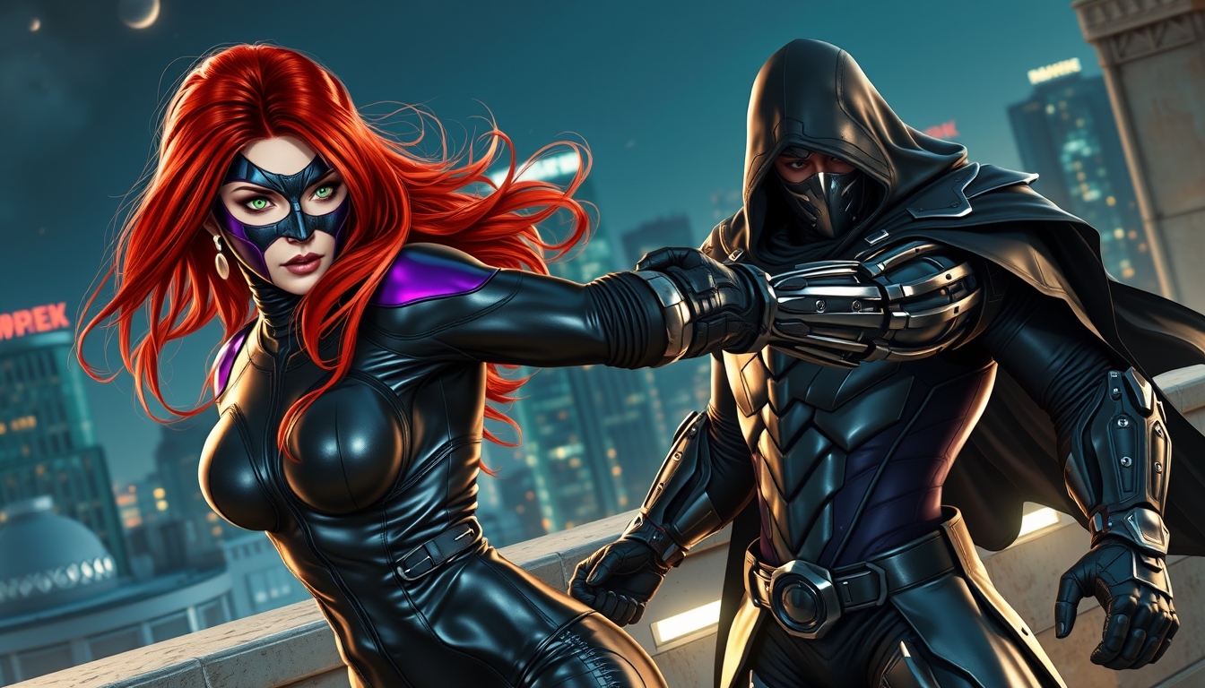 female redhead with green eyes and black metallic mask that covers her face, metallic black and purple futuristic spandex is throwing a punch at a tall man in heavy metallic armor with a black hood and cape on a futuristic nighttime rooftop, in a dynamic and realistic manner. - Image