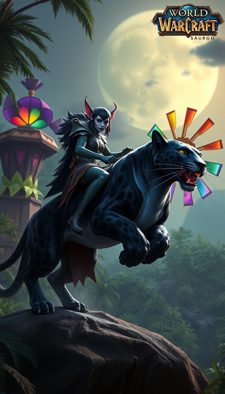 "A night elf riding a black leopard, realistic style, ultra-high definition quality, moonlight, jungle, colorful windmill, the words 'World of Warcraft' in the upper right."