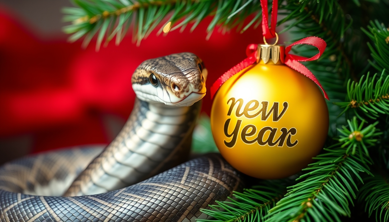 A snake and a yellow New Year's ball together with green branches of a Christmas tree.