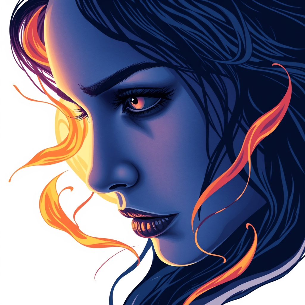 A tee shirt design of a close-up of a woman's face, inspired by the sun. Her expression is deep and soulful, reflecting both passion and sadness. Her eyes are intense and filled with emotion. The color palette is cool, featuring deep blues and purples, with a hint of warmth in her eyes. Whipping flames accent her face, blending seamlessly into the background, creating a contrast between the cool and warm tones. The overall feel is a harmonious blend of passion and melancholy, embodying the soulful essence of the sun. Transparent background.