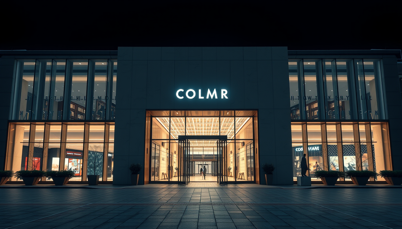 night, close-up of modern luxury shopping mall gate, (Minimalism: 1.4) design, cold colours, masterpiece, best quality, realistic style, 3D rendering, architectural photography, masterpiece, high quality, ultra high detail, 8K, HD