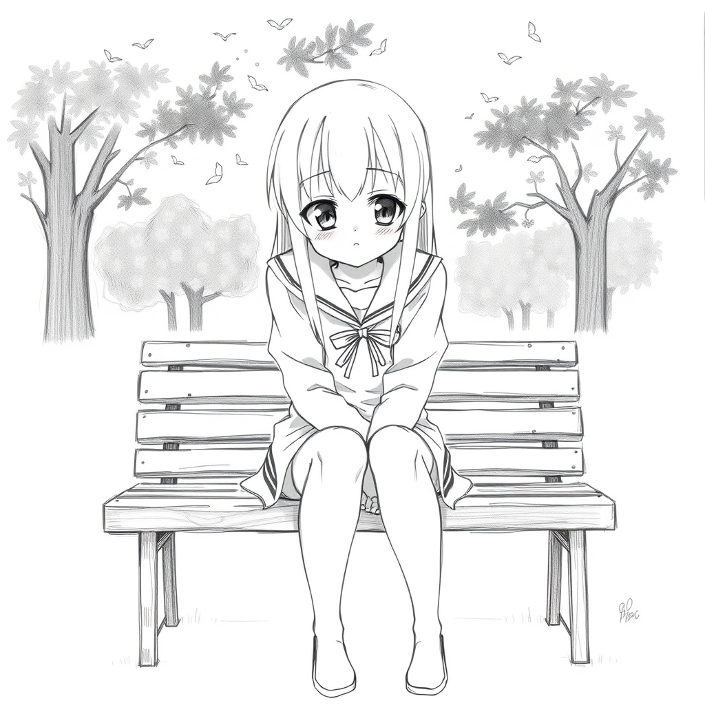 'an anime girl is sitting on a bench looking bored, pencil sketch'