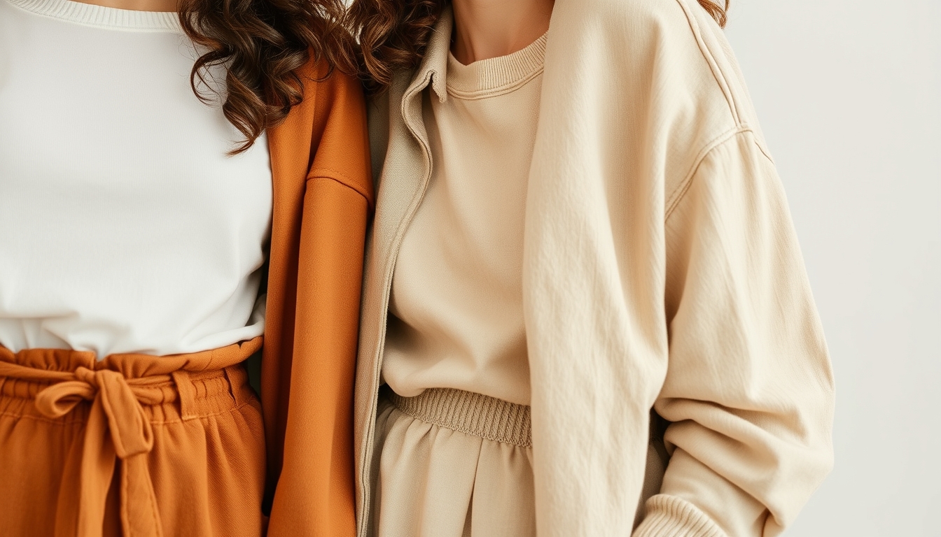 A close-up of eco-friendly clothing items, showcasing organic fabrics, neutral tones, and earthy textures, styled against a clean background.