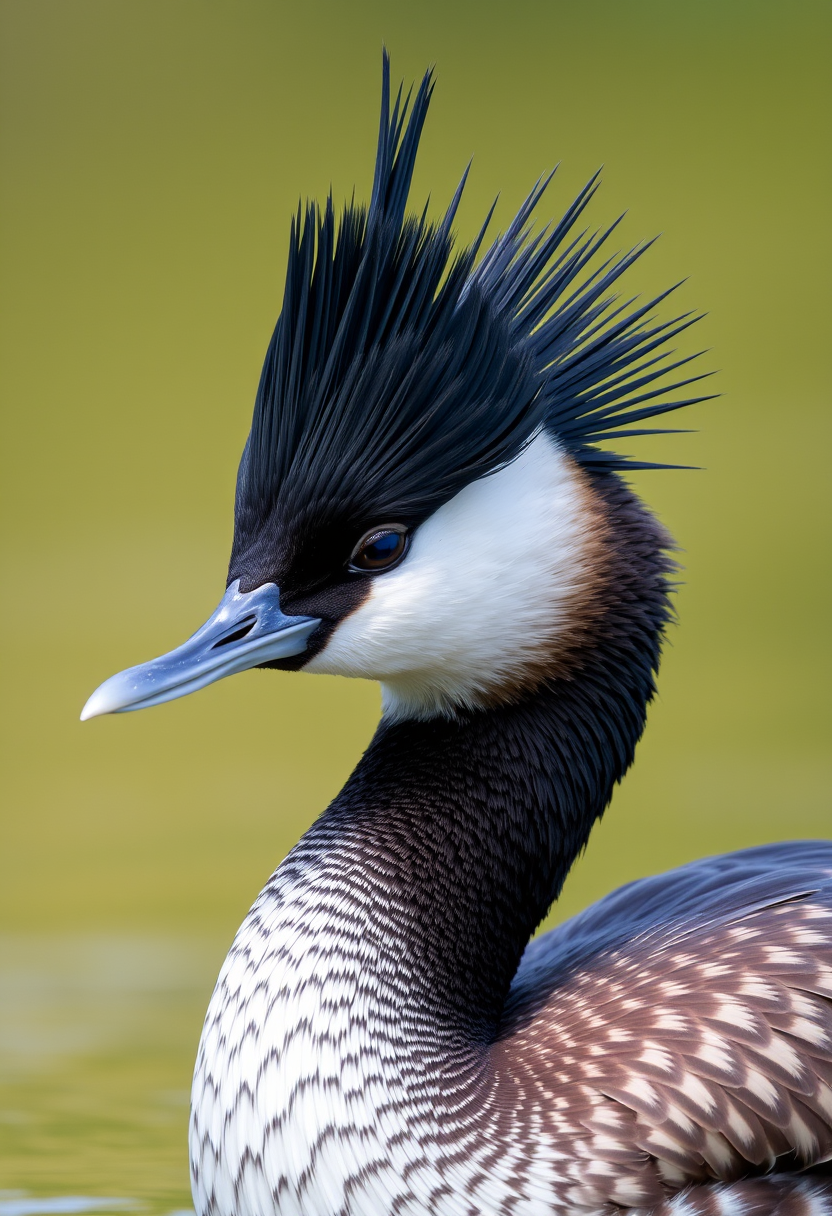 A great crested grebe (A Podiceps cristatus) bird. The crest feathers are black. The image shows the complete body of the bird.