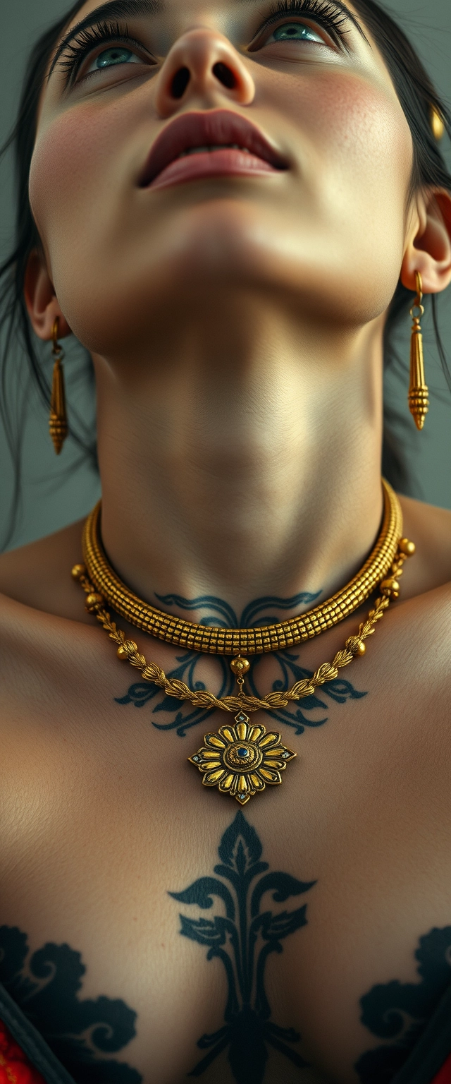 Close up view of the tattooed chest of a white-skinned Korean Indian woman with beautiful facial features and blue eyes, wearing gold ornaments, looking up.