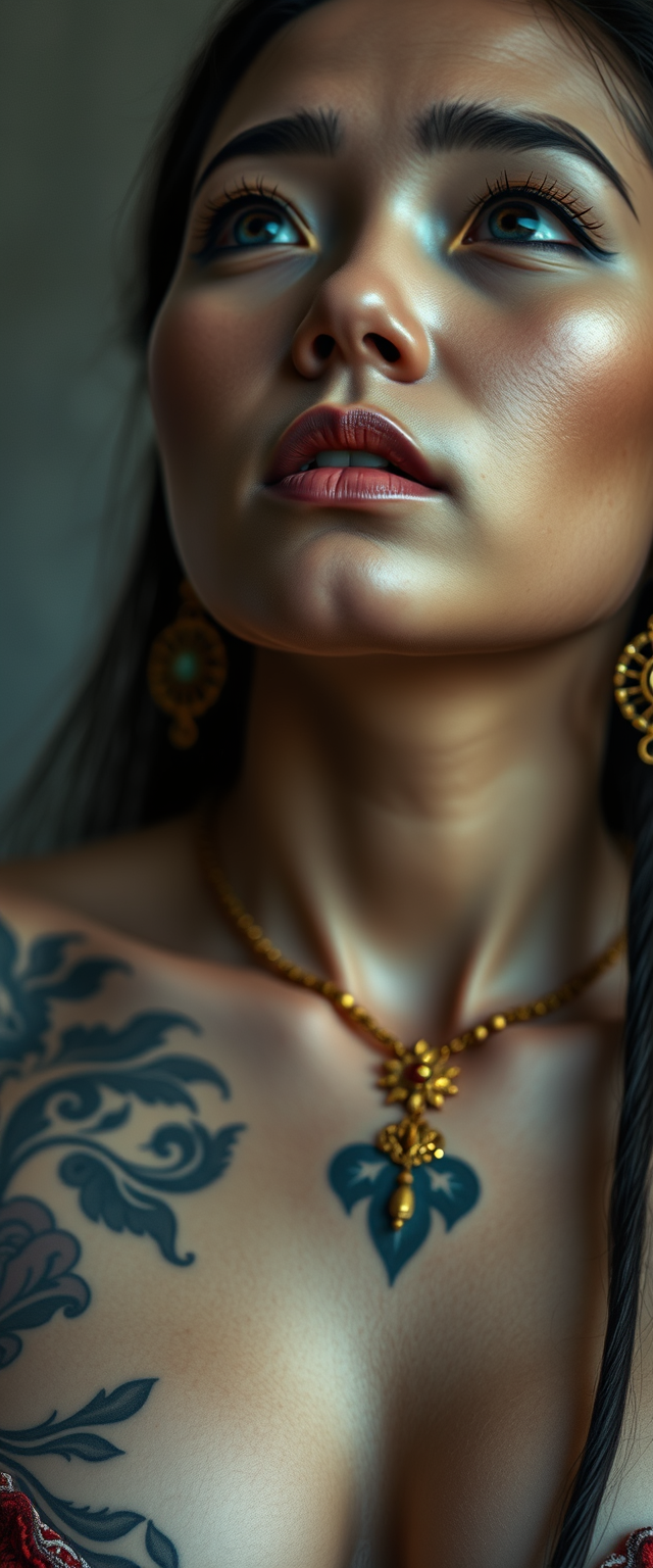 Close up view of a tattooed chest of a Korean Indian woman with white skin, beautiful facial features, blue eyes, wearing gold ornaments and looking upwards.