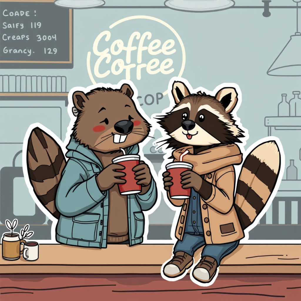 Cartoon guy beaver and girl raccoon, dressed in human clothes, drinking coffee in a coffee shop. sticker style - Image