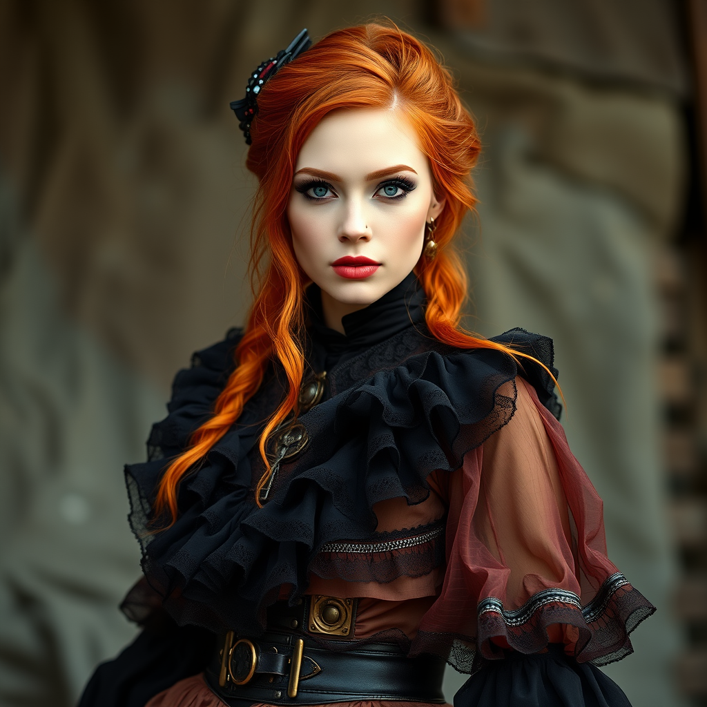 A beautiful redhead female country artist wearing a steampunk-inspired layered gown. She has clean makeup and is captured in vivid colors, embodying the essence of fantasy and a minimalist, fantastical, edgy, and regal themed outfit, with depth of field.