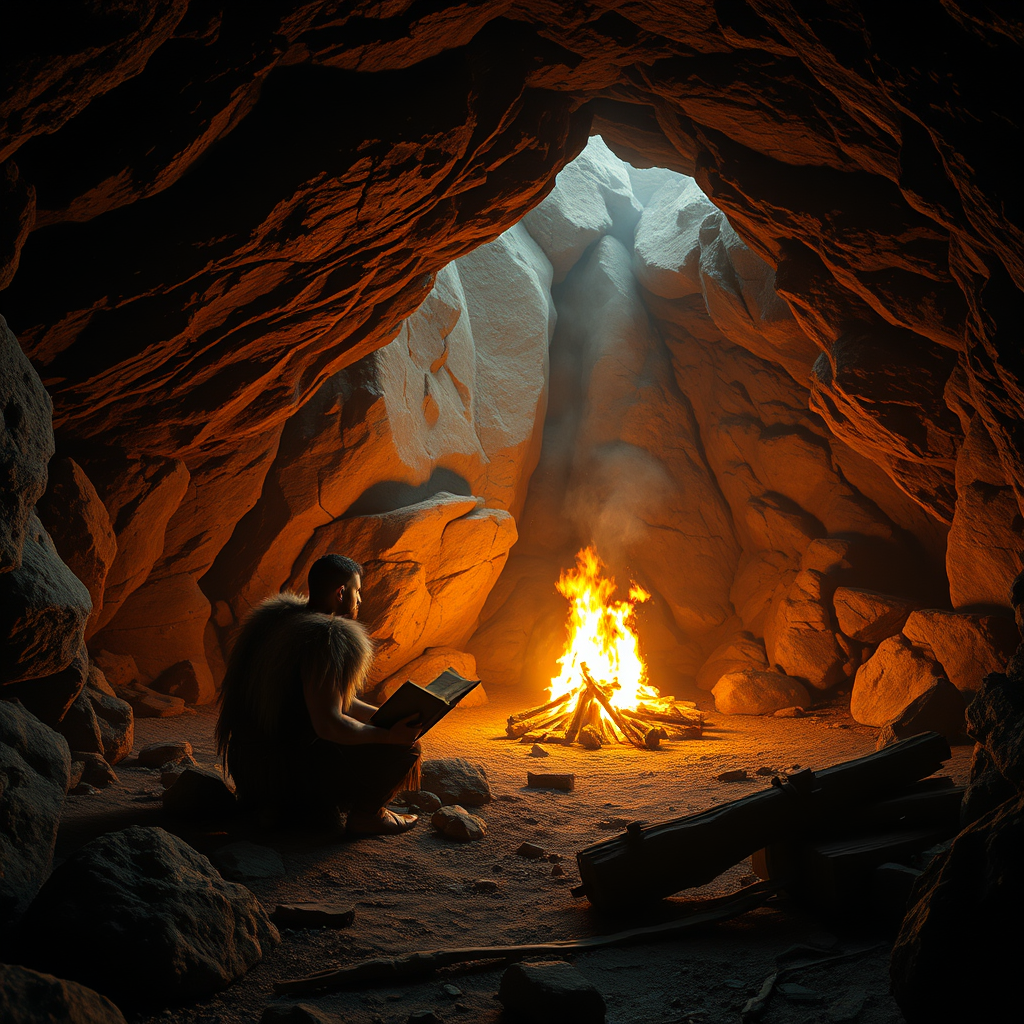 Real-life photography: In the cave, there is a barbarian reading a book. The cave is very large, and there is a bonfire. - Image