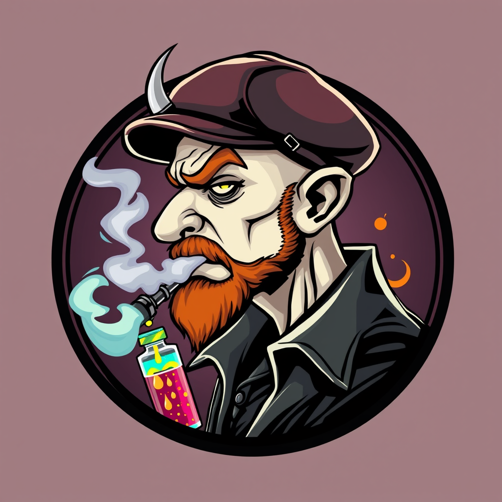 Three-quarter view cartoon demonized white human male, bald with short ginger beard, wearing a vintage flatcap. He’s exhaling vapor clouds from a sleek vapemod, dripping with vibrant e-liquids. Set in a circular logo design, featuring gothic elements and a smoky, mischievous atmosphere.