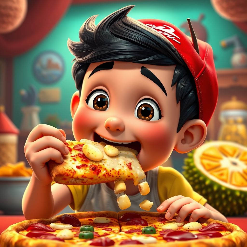 Pixar style, young boy enjoying a Pizza Hut pizza with a mouth full of durian, vibrant and playful animation, cheerful expression, colorful and whimsical setting, expressive eyes, detailed facial features, animated food particles, dynamic and engaging pose --ar 16:9 --v 5.0 - Image