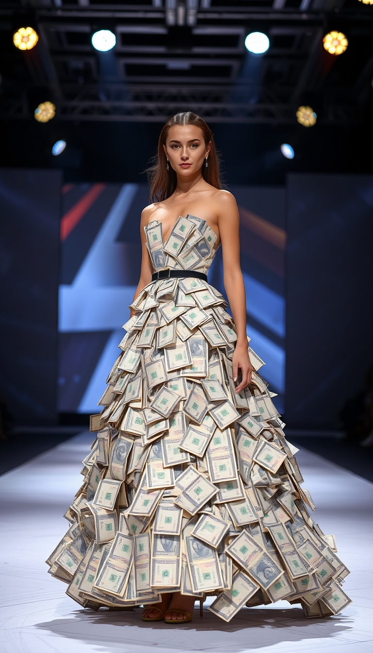 Fashion stage, a beautiful young woman wearing a haute couture dress made of paper money banknotes. - Image