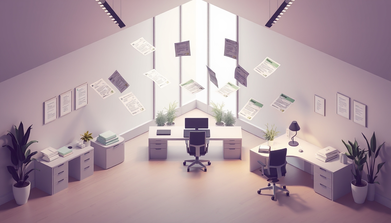 Modern Isometric Office Space with Floating Financial Documents in Soft Tones