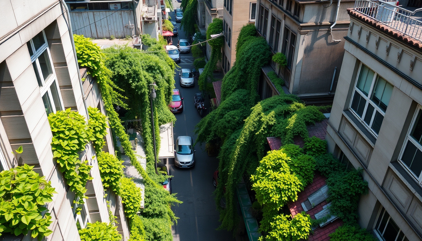 A high-angle shot of a bustling city street, lush green plants spilling from windows and rooftops, creating a vibrant contrast against concrete structures. - Image