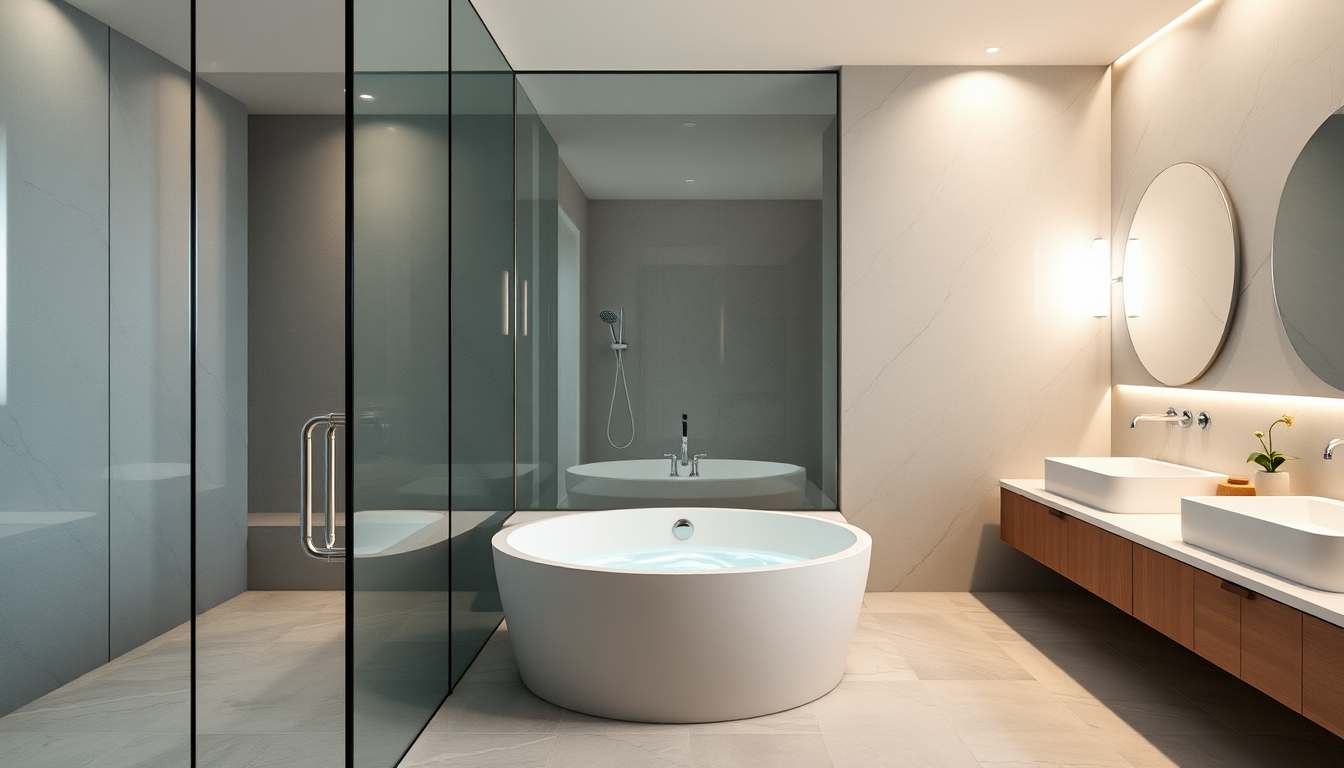 A sleek modern bathroom with glass walls and a luxurious soaking tub.