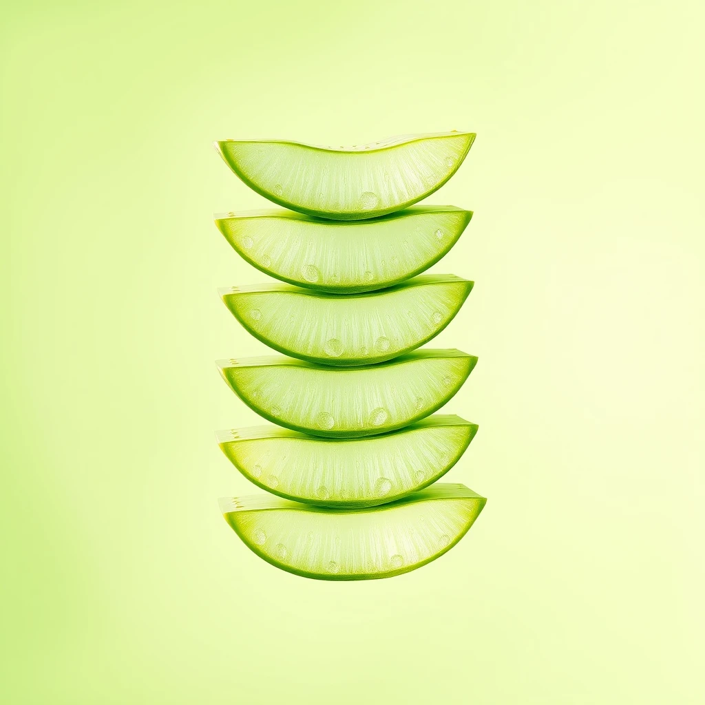 Create an image featuring slices of aloe vera plant arranged in a vertical stack, appearing as if they are floating in mid-air. The aloe slices should be interspersed with small aloe vera gel drops, giving a sense of movement and lightness. The background should be a smooth gradient of light green, providing a fresh and vibrant backdrop that complements the colors of the fruit. The overall composition should emphasize a sense of balance and harmony, with the plant centered in the image. - Image