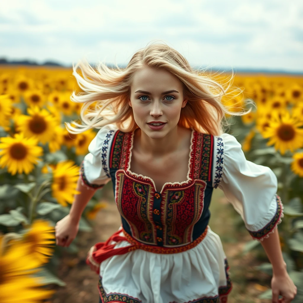 A 20-year-old Ukrainian woman running in front of the camera in a sunflower field, blonde hair, sparkling eyes, (Ukrainian traditional clothing: 1.4), styled by Rick Remender, motion blur, action, full body, award-winning work.