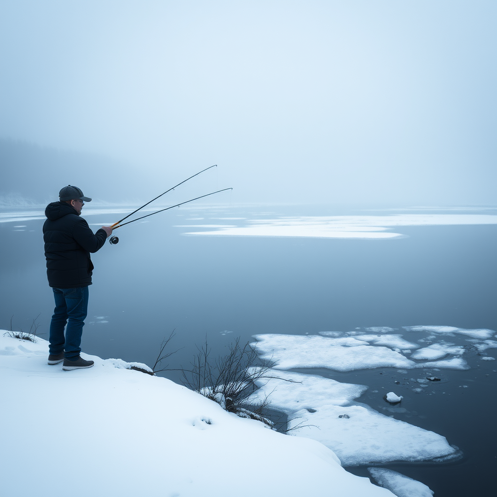 Loneliness, fishing, river, snow, cold, winter, contemplation, tranquility, solitude, ice and snow, gaze, reflection, cold river, cold wind, early morning, nature, silence, lake water, river bank, ice floe.