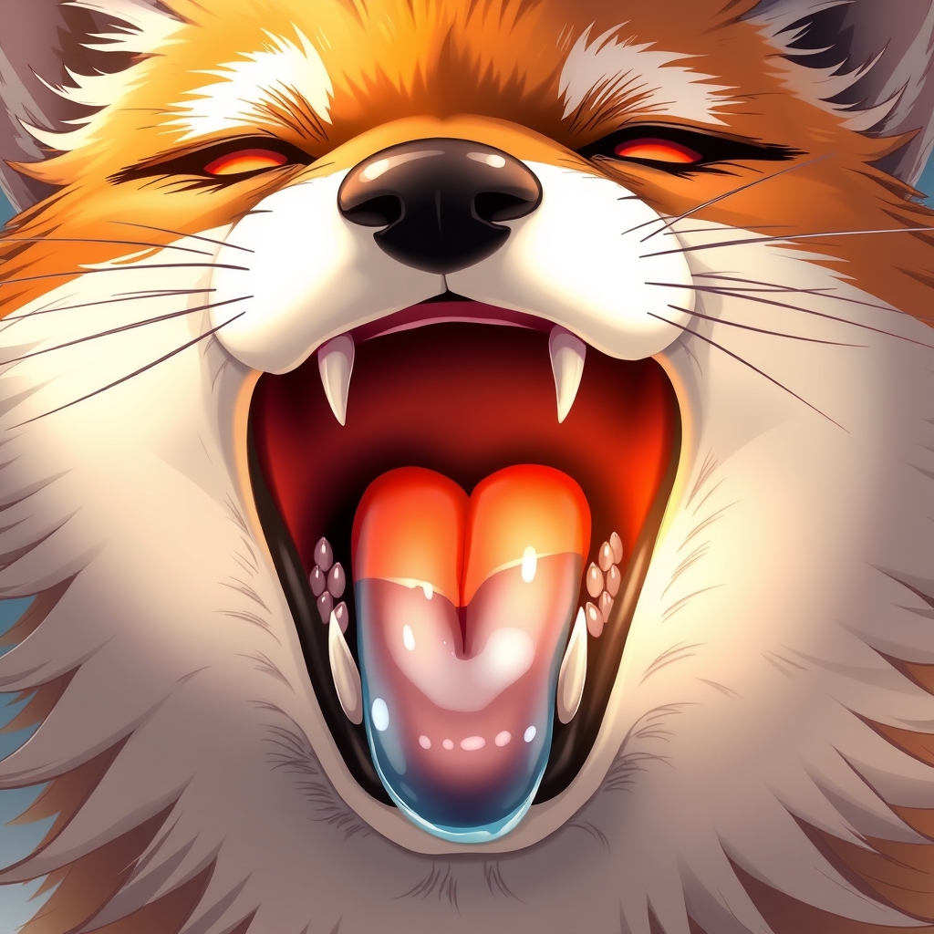 Furry art style, anime art style, depict the details of the fox's mouth, throat details, the throat should be bright, details of the teeth, details of the saliva, the whole mouth is full. - Image