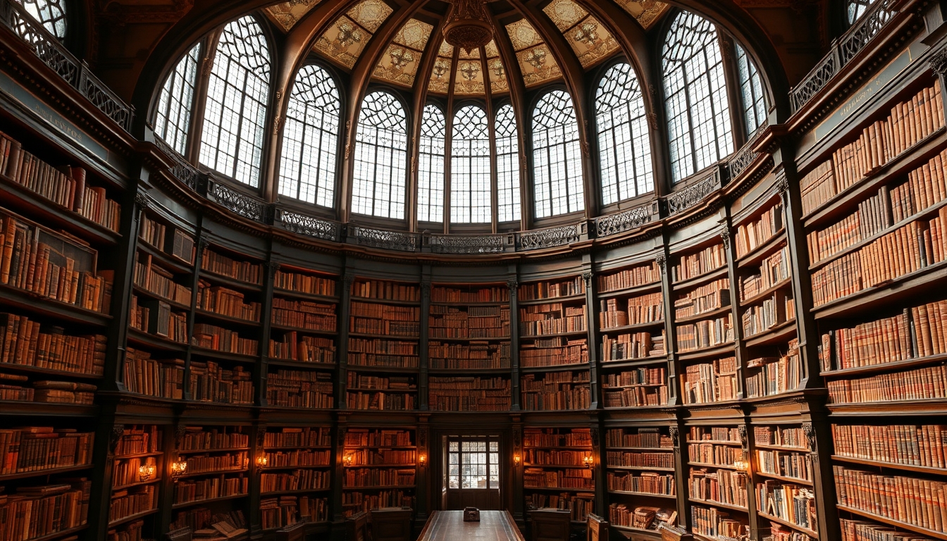 A grand library with tall glass windows and shelves filled with ancient books.