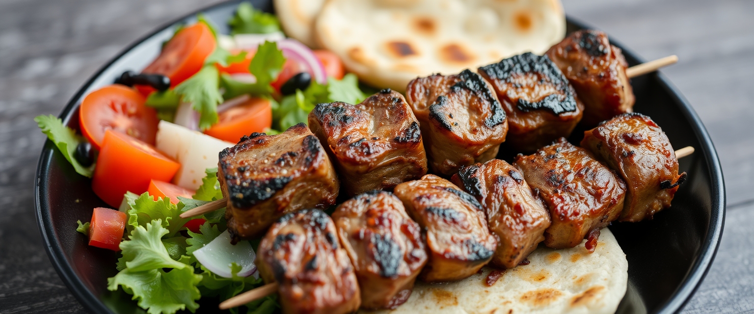 Grilled meat skewers with salad and naan bread on a black plate.