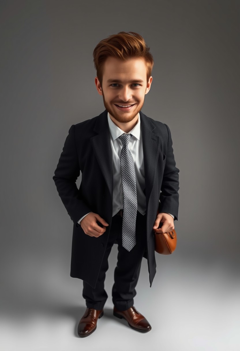 Jamie Dornan's head and body shot, handsome, young, shy smile, white shirt half buttoned, grey patterned tie, black coat suit, leather shoes, leather bag, hyper-realistic, studio photography, full body photography.