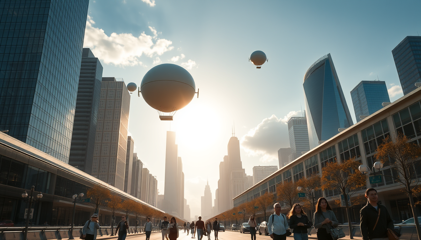 Create a stunning high-resolution image of the city of the future. The skyline should be filled with towering skyscrapers. It should include a light-colored oval balloon-type robot flying rapidly through the air with tiny black balancers on either side of the balloon. There are some people walking on the street, with Asian faces, wearing fashionable and avant-garde clothes, creating a laid-back and pleasant atmosphere. The visual focus of the image highlights small balloon-type robots patrolling the air for safety, very beautiful clouds, and sunlight reflecting off the glass surfaces of buildings, creating an atmosphere of excitement and innovation. Very sharp and realistic details, 32K, flat view.