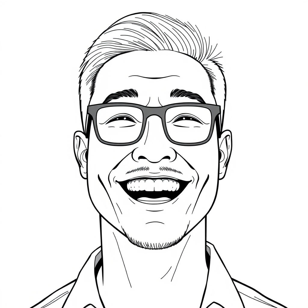 A cool black and white line drawing of a 35-year-old man’s face, with short hair, Asian descent, wearing black-framed glasses for myopia, a slightly short beard on his chin, a shirt, a full face with defined features, a strong physique, and clean, fresh skin, laughing heartily.