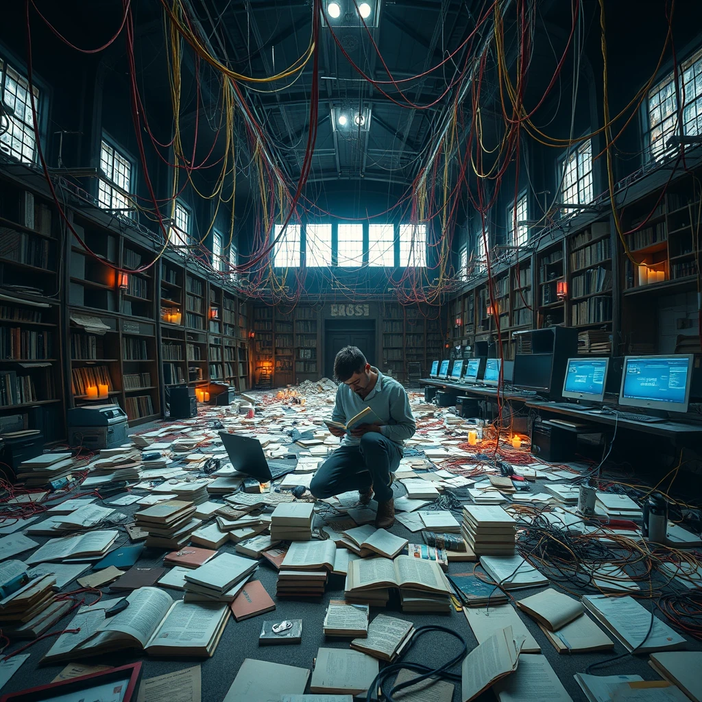 A real-life photograph, wide shot, of a person in a large hall, where some books are scattered messily, and many wires of varying thicknesses are on the floor and in the air, including red, blue, yellow, and other colors. There are some computer screens as well. The lighting is dim, with some candles lit. The person is in one corner of the hall, reading a book.