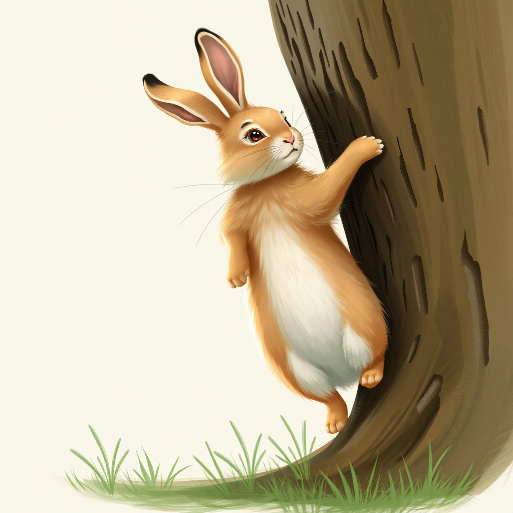 The rabbit is in a jumping state, with its head bumping into the tree. - Image