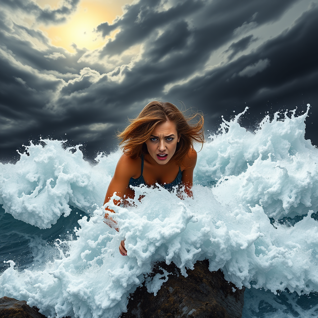 A troubled woman stands on a rocky shore as the relentless ocean waves crash around her, their frothy white crests reaching out like desperate hands. The sky above is a swirl of stormy grays, with the sun struggling to break through the clouds. The woman's hair whips around her face as she clings to the rock, her eyes filled with a mixture of fear and determination. The waves, powerful and unyielding, seem to mirror her inner turmoil, yet there is a sense of hope in the air, as if the sun's rays are trying to pierce through the darkness and bring her peace.