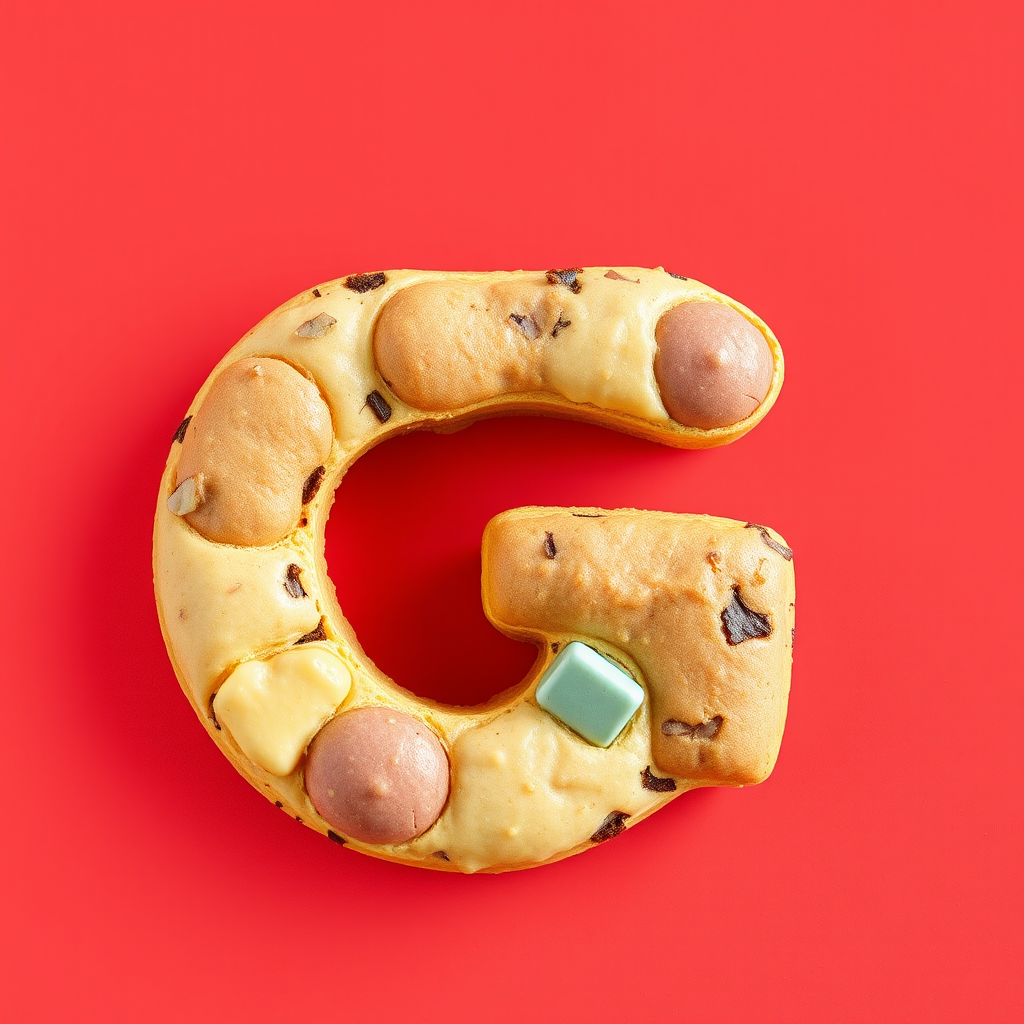 A letter "G" made of colored cookies, light red background, realistic photograph. - Image