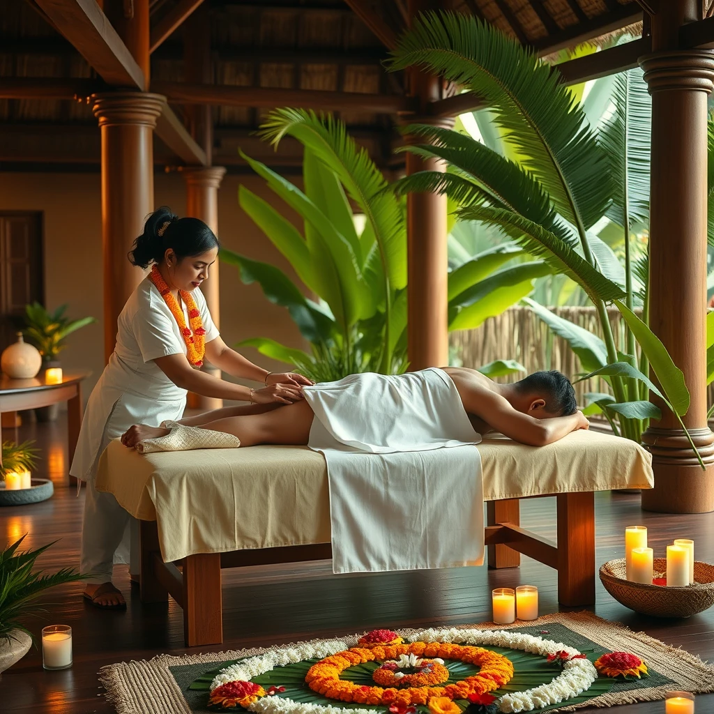 Create an image of a serene Kerala spa scene during Onam. A Kerala lady in a simple spa uniform, adorned with a small floral garland, gently massages a Kerala man lying on a wooden table, with his face turned away. The man wears a white dhoti. The setting is enriched with Onam elements, such as a pookalam (floral design) on the floor, banana leaves, coconut trees, and soft candlelight. Traditional Kerala architecture with wooden pillars and a thatched roof forms the backdrop, while the warm and soft lighting enhances the festive, peaceful, and authentic atmosphere.