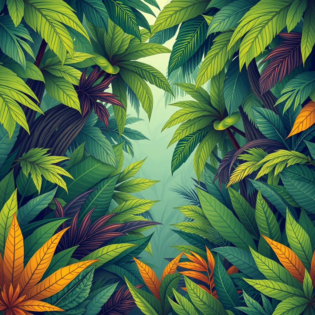 'a tropical jungle with a border of CBD leaves along the edges of the image in an exotic cartoon style'