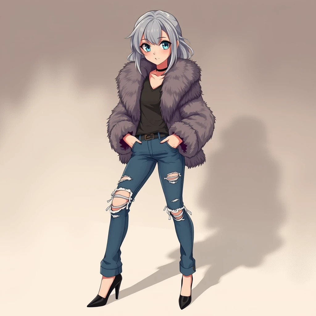 A teenage woman in an expensive fluffy fur coat, torn jeans, and high heels. Appearance: cool gray hair and large blue eyes, arrogant look. Anime.