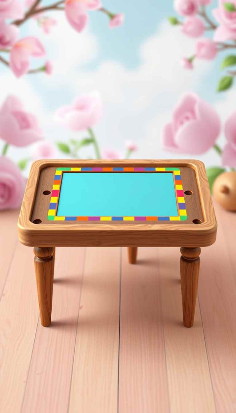 The image presents a 3D rendering of a table. The game table, made of wood, is the central focus of the image. It is a square table with legs, a wooden top which has a multicolor border and the middle part is aqua blue. The background is beautiful, the overall mood is playful, suitable for digital game art.